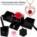 Rose gold heart zircon necklace with preserved rose double-door gift box set - Single Necklace / 1-Rose Double-Door Gift Box / Red Zircon