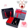 Rose gold heart pendant necklace and earrings set with red zircon in a rose gift box - Necklace and Earrings Set / 8-Rose Gift Box / Red Zircon
