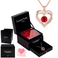 Elegant rose gold heart pendant necklace with red zircon in a 9-rose jewelry gift box - Single Necklace / 9 Roses Gift Box / Red Zircon