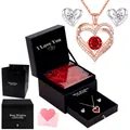 Elegant rose gold heart necklace gift set with nine soap roses and premium drawer box - Necklace and Earrings Set / 9 Roses Gift Box / Red Zircon