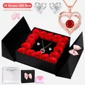 Rose gold heart pendant necklace and earrings set in a luxury 16-rose gift box - Necklace and Earrings Set / 16 Roses Gift Box / Red Zircon