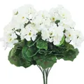 Detailed close-up of white artificial begonia flowers with realistic green leaves. - White