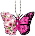 Close-up of pink ribbon butterfly car mirror hanging ornament with floral wing detail - Pink Ribbon Style(5)