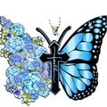 Detailed view of butterfly cross pendant with blue flowers and 'faith' inscription. - Blue Hydrangea Style(8)