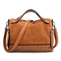 Brown frosted suede motorcycle handbag with metal studs and adjustable shoulder strap - Yellow