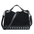 Women's black studded motorcycle handbag featuring mixed textures and shoulder strap - Black