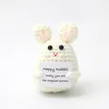 Handmade white crochet rabbit plush toy holding a positive happy rabbit message card - Pink Ear Rabbit