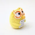 Handmade yellow crochet wise owl yarn doll holding a small motivational card. - Yellow Owl