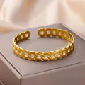 Elegante goudkleurige roestvrijstalen open schakelarmband voor dames sieraden - Cubaanse Ketting Holle Stijl (B1262G)