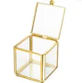 Detailed view of an open square glass jewelry box with elegant gold metal trimming. - Small (5.5*5.5*5.5cm)