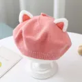 Cute children's pink knit beret hat with fluffy cat ears detail for autumn and winter - One Size 46-51cm / Pink