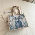 Elegante Baumwoll-Leinen-Tragetasche mit floralem Hirschdruck für den täglichen Gebrauch - Blauer Elch-Druckstil
