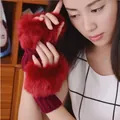 Elegantes guantes de punto rojos para mujer, medio dedo con ribete de felpa gruesa de invierno - Burdeos