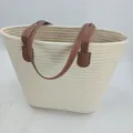 Bolso tote de tejido minimalista con asas marrones en blanco crema, gran capacidad - Parte superior abierta / Blanco Roto