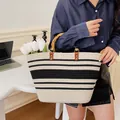 Sac cabas tissé à la main avec rayures noires et poignées en bambou naturel pour femme - Haut 40xHauteur 25 / Beige et noir