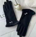 Premium zwarte wintergebreide handschoenen met zachte imitatiebontrand en parelaccenten - Parel Bontmanchet Stijl (023) / Zwart