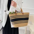 Grand sac cabas tissé à la main avec poignées en bambou et rayures noires pour femme - Haut 40xHauteur 25 / Kaki et Noir
