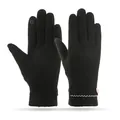 Zwarte thermische winterhandschoenen met touchscreen-vingertoppen en roze polsversiering. - Golvende Rand Knop Stijl (264) / Zwart