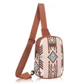 Detailed view of large capacity canvas sling chest bag with ethnic geometric patterns. - 7" / Caramel color