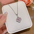 Élégant collier trèfle à quatre feuilles avec pendentif en zircone rose, argenté - Acier Titane X222 - Conservation De L'or