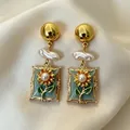 Elegant vintage sunflower drop earrings with baroque pearls and ornate gold frames - Green Series Flower Artificial Pearl Style (2608016)
