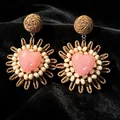 Handmade vintage woven drop earrings with glossy pink heart and cream beads - Woven Sunflower Pink Heart Earrings (2608018)