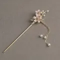 Vintage Chinese-style gold hair stick with magnolia flowers and pearl tassels - Magnolia Tassel Style / Pink Rhodonite