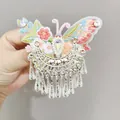 Intricate butterfly embroidery hair clip with dangling silver tassels for Hanfu outfits - Enamel Butterfly Moon Tassel Style (F01-017) / Colorful