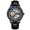Men's skeleton automatic mechanical watch with black leather strap and case - Gun Black Case Black Dial Leather Strap