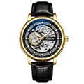 Men's automatic skeleton mechanical watch featuring a gold case and black leather strap - Gold Case Black Dial Black Leather Strap