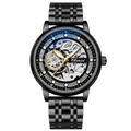 Men's luxury automatic mechanical skeleton watch featuring black steel band and case - Gun Black Steel Strap