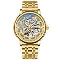 Luxurious gold-tone skeleton automatic mechanical watch for men with steel strap - Gold Case & Gold Dial Steel Strap