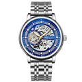 Men's skeleton automatic mechanical watch with silver steel strap and blue dial - Silver Case Blue Dial Steel Strap