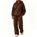 Premium dark brown hooded sweatshirt and wide-leg lounge pants two-piece tracksuit set - S / Coffee