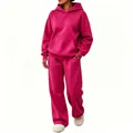 Two-piece solid fuchsia hooded sweatshirt set with drop shoulder and wide-leg trousers - Rose Red / S