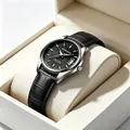 Elegant men's quartz watch with black crocodile leather strap and calendar feature. - Female Style / Black Leather Strap Black Dial Women