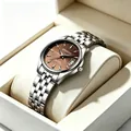 Classic silver stainless steel band men's watch featuring an elegant brown sunray dial - Female Style / Steel Strap Coffee Dial Women
