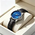 Elegante Herrenuhr mit blauem Zifferblatt und schwarzem Lederarmband in Geschenkbox - Damenstil / Schwarzes Lederarmband Königsblaues Zifferblatt Damen