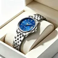 Herrenuhr aus Edelstahl mit blauem Zifferblatt und Kalenderanzeige in Geschenkbox - Damenstil / Stahlarmband Königsblaues Zifferblatt Damen