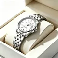 Silberne Herrenuhr aus Edelstahl mit weißem Zifferblatt und Kalender in weißer Geschenkbox - Stahlarmband Weißes Zifferblatt Damen