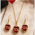 Gothic gold stainless steel jewelry set with red heart pendant and cross details - Red Heart Cross Jewelry 3-Piece Set (XL4031-3件套)