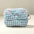 Blue and white checkered mini storage pouch with pink ribbons and quilted texture - 12*1.5*9cm / Blue Grid with Bow