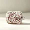Quilted floral pattern mini storage pouch for earphones with metal keyring and front snap pocket - 12*1.5*9cm / Red Floral