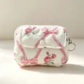 Mini quilted floral coin purse and earphone case with pink bow pattern and key ring - 12*1.5*9cm / Pink Rose