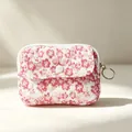 Elegant floral pink quilted mini storage bag for earphones and coins with a keychain ring - 12*1.5*9cm / Red and Yellow Flowers