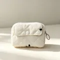 Small quilted mini earphone storage pouch in off-white with button closure and zipper pull - 12*1.5*9cm / Beige Embroidered Bow