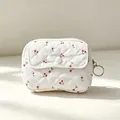 White quilted mini cherry print storage pouch for Bluetooth headphones and coins - 12*1.5*9cm / White with Cherries