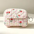 Floral quilted mini pouch for Bluetooth earphones with keychain ring. - 12*1.5*9cm / Red Small Flowers