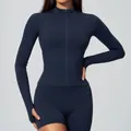 Slim fit navy blue long sleeve yoga jacket with zipper and thumbholes for workout - Deep Well Blue [NEW - New Color] / S