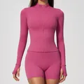 Premium pink slim fit zip-up long sleeve yoga athletic top featuring thumb holes - Strawberry Pink [NEW - New Color] / S
